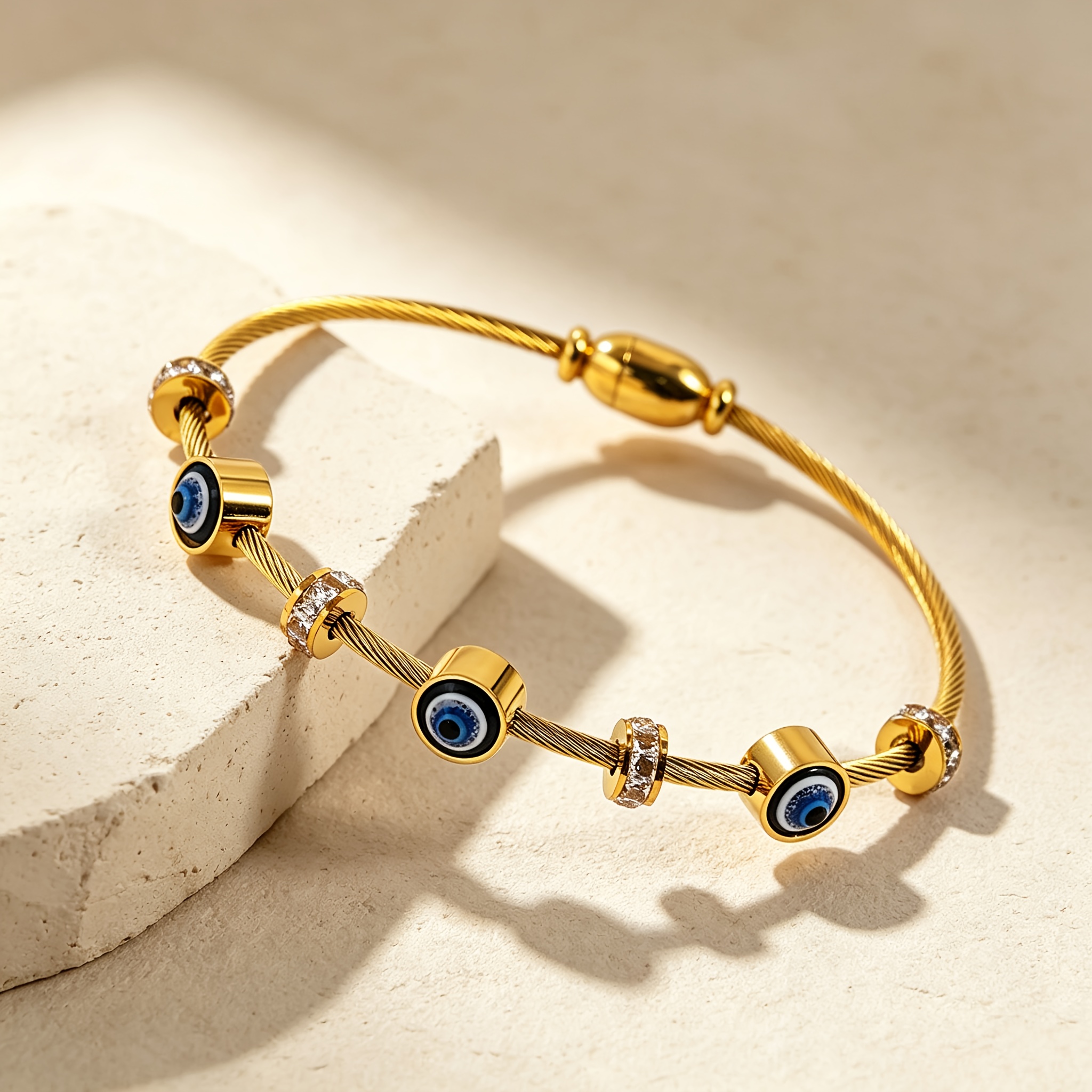 TEMU Stainless Steel Beaded Bracelet, 18k Golden Plated Fashion Bangle With Evil Eye And Pave Cubic Zirconia Decor, Suitable For Daily Festive Party