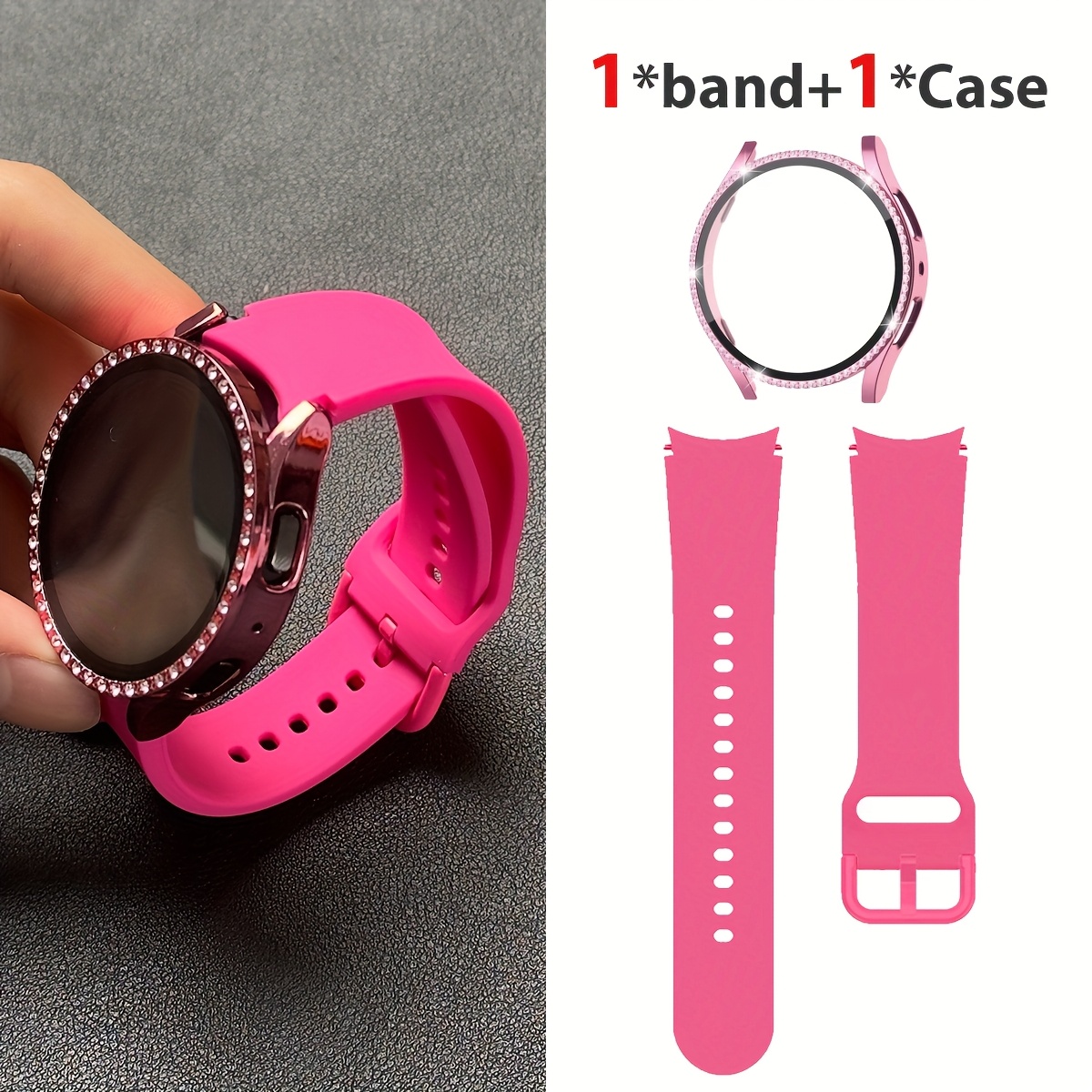 Image of 2pcs Set, Colorful Strap + Single Row Diamond Case Film Integrated Case, Suitable For Watch Fe/7/6/5/ Color Silicone Strap And Diamond-studded Case Film Integrated Protective Case, Fashionable Style