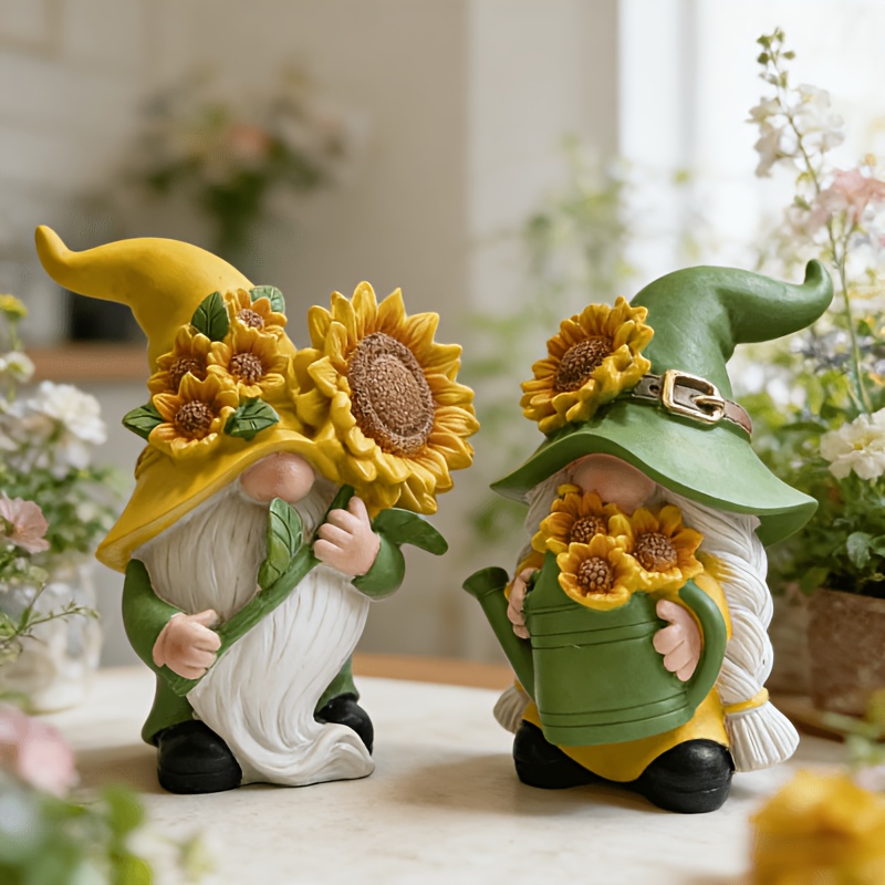 E-shop 2er-Set Sonnenblumen-Gnom-Figuren, Harz-Gartenzwerge, mit gelbem Hut Sonnenblume, Schreibtisch- Fensterbank-Dekor, Hof-