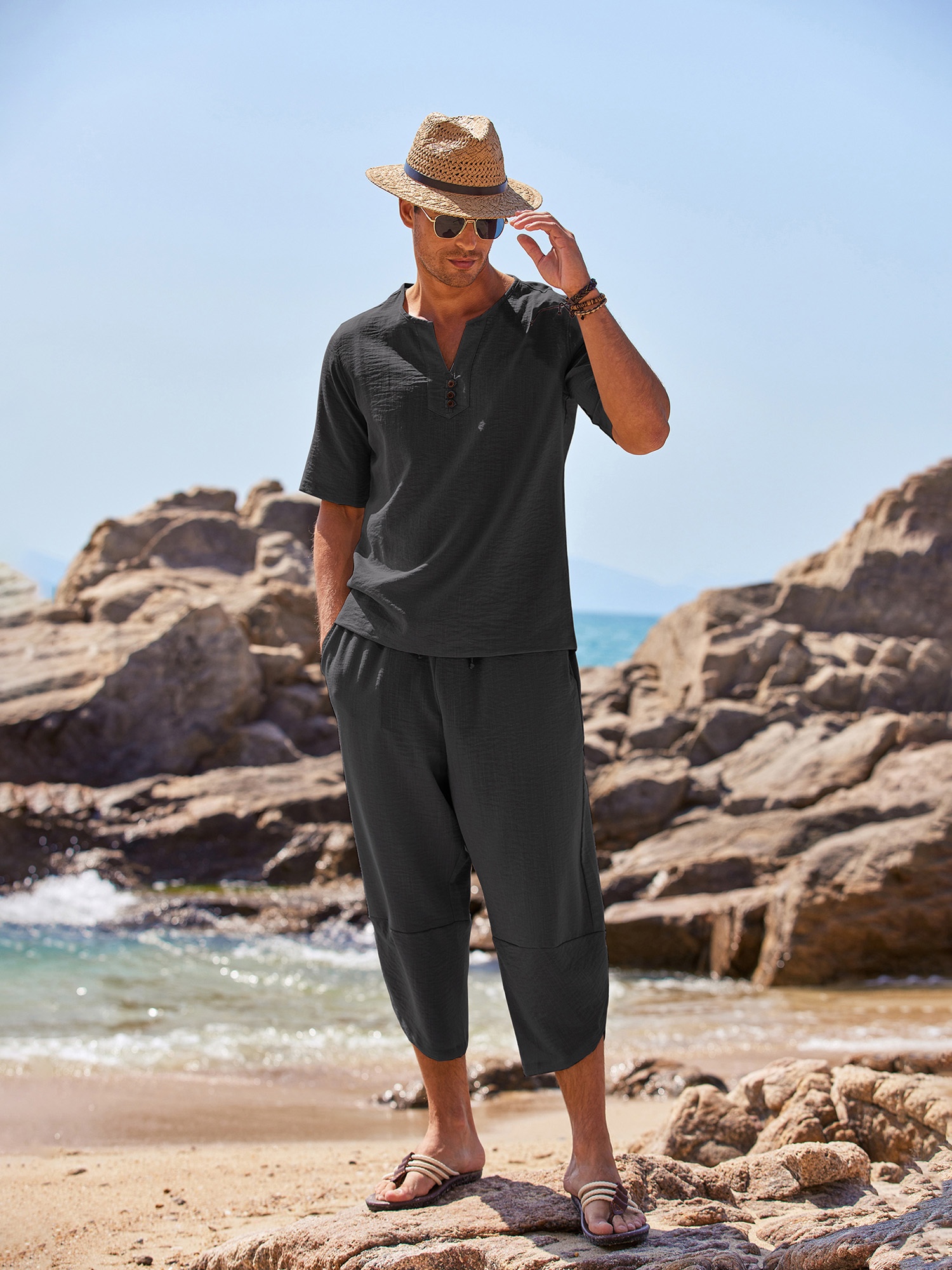 Men Short Sets COOFANDY Men's Linen 2-Piece Set Henley Shirt