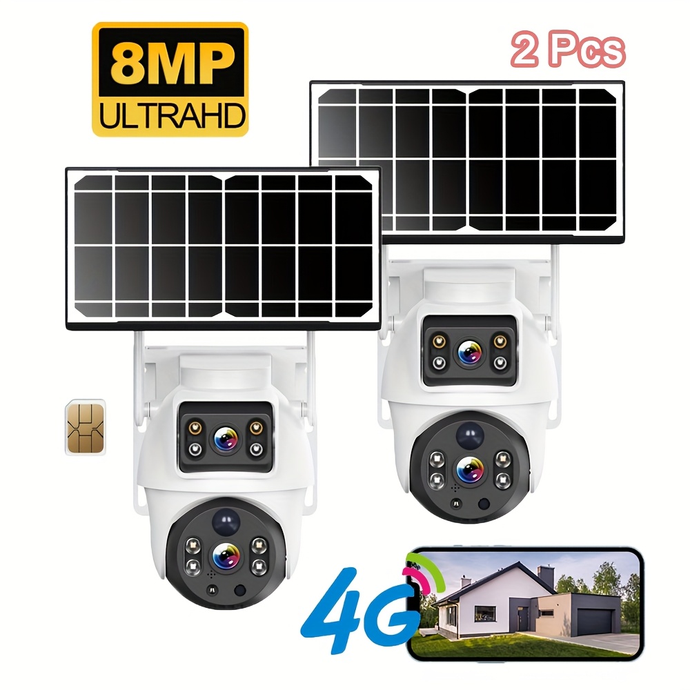 2pcs 8mp Outdoor 4g Solar-powered Dual-lens Camera, Human Detection, Motion Detection, Talk, Night Vision, Alarm Push, With Sim Card
