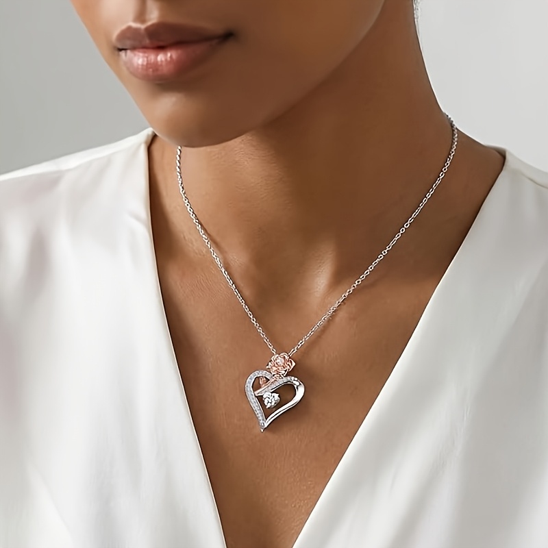 Women's S925 Silver Bicolor Heart Pendant Necklace, Elegant