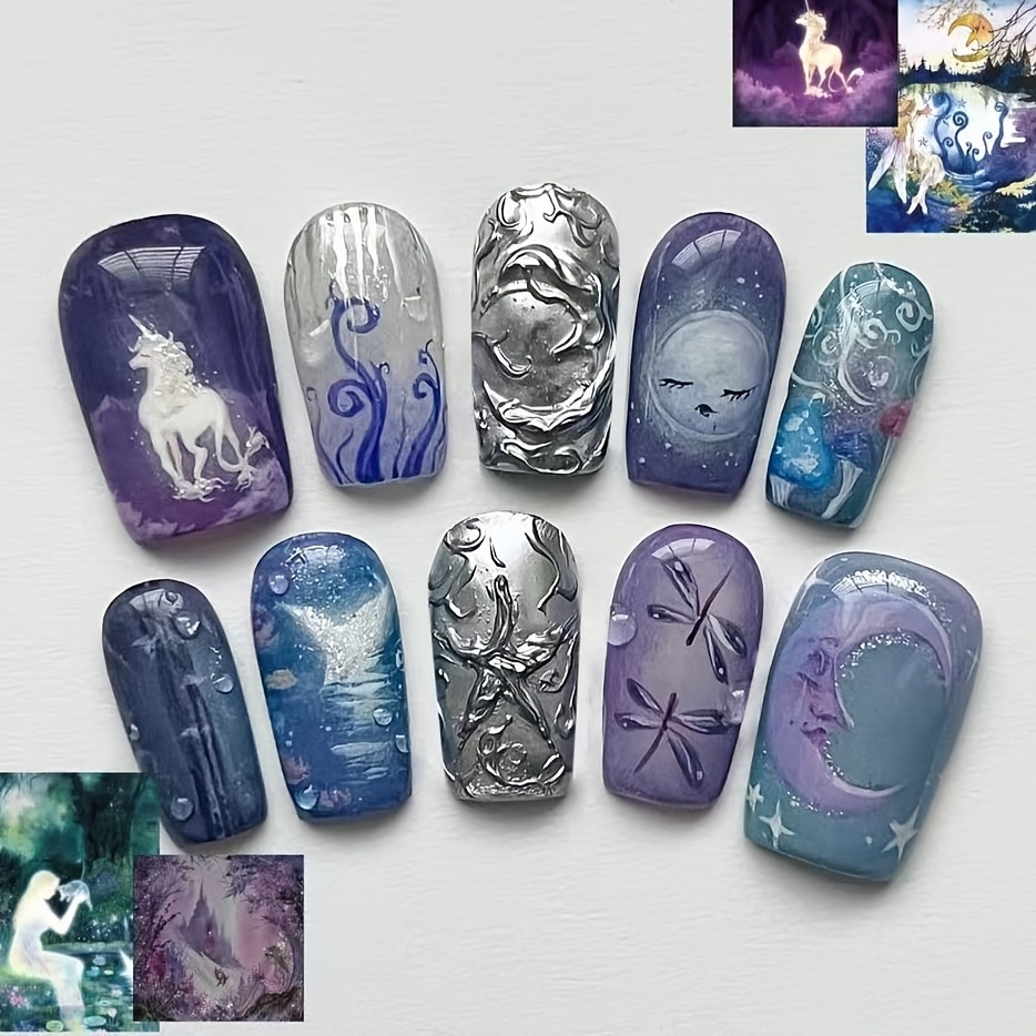 TEMU 30pcs Set Of Chinese Square Three-dimensional Silvery Sculptures Of Stars, Moon And Dragonfly Wearable Nails. Manicure. Cool- High-end Style.