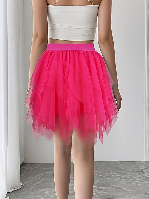 Damens Vibrant Pink Flauschiger Mesh-Tutu-Rock – A-Linie Kurzer Rock mit asymmetrischem Saum, Einfarbiges Nicht-Dehnbares Material für & besondere Anlässe, Maschinenwaschbarer Ganzjahrespartyrock, Vielseitige Mode, Elegant Design, Hochwertige Verarbeitung, Für Modelliebhaber