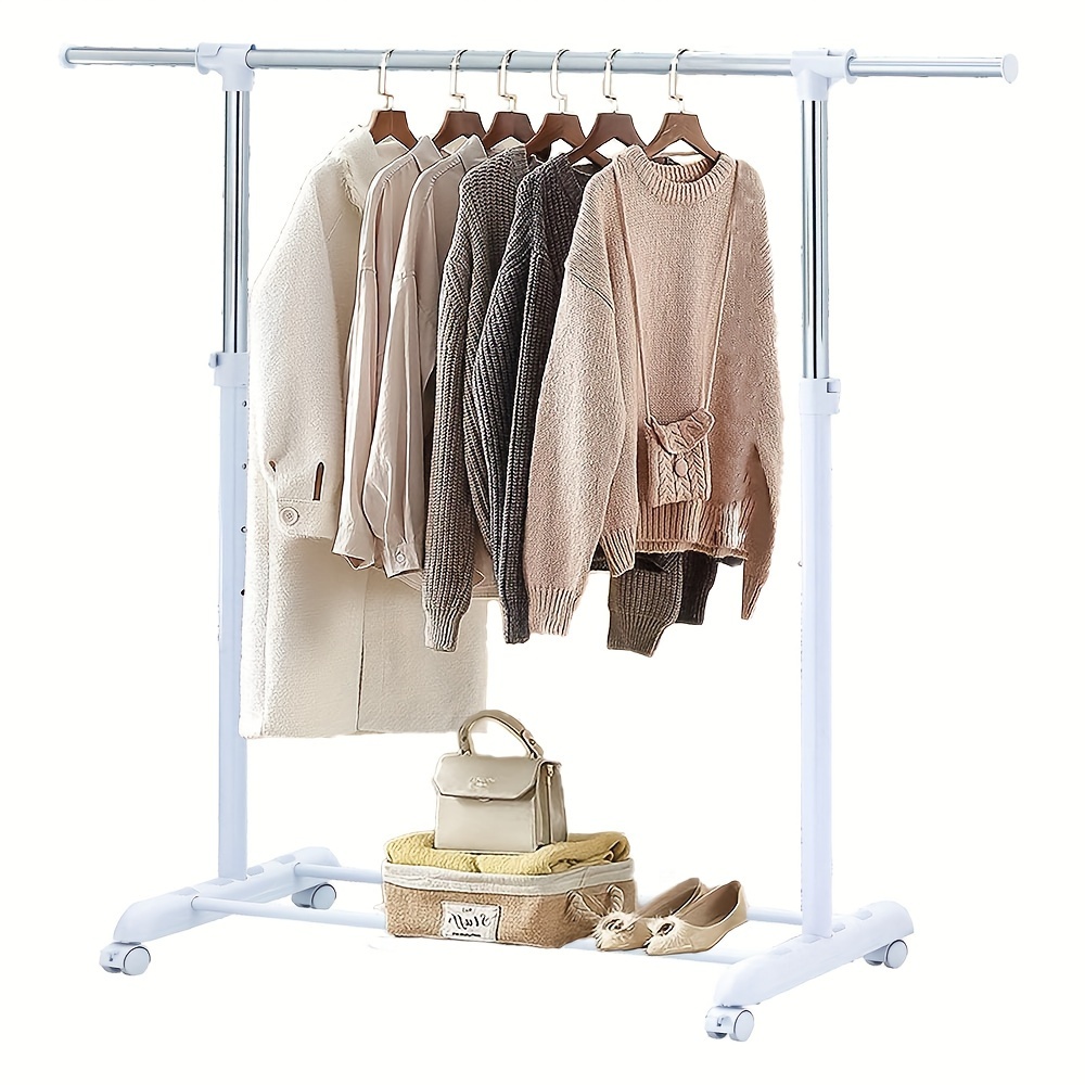 

Adjustable Clothing Rack For Hanging Clothes, Heavy Duty Garment Rack With Wheels, Free Standing Rolling Clothes Easy Assembly Standard Rod, White & Chrome