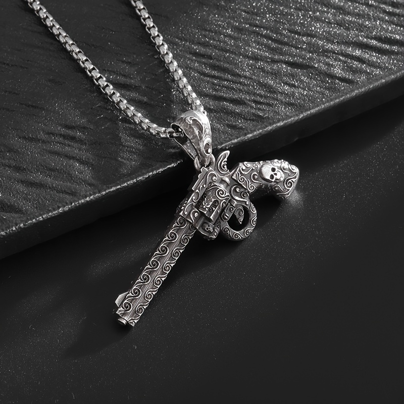 Retro Skull Gun Charm Necklace, Unisex Gift