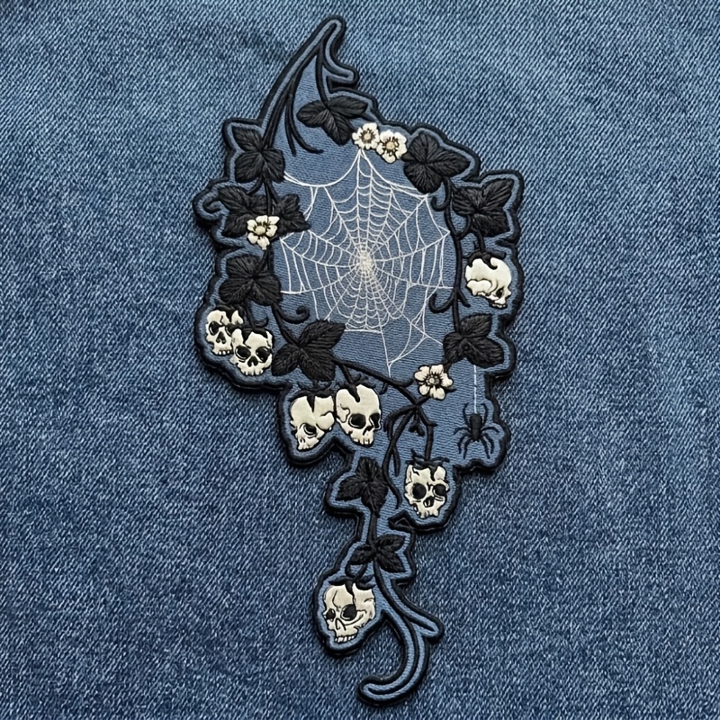 TEMU 1pc Patch Thermocollant Gothique Toile d'Araignée en Fer, Applique Brodée Araignée Fleur d' Verte pour Décoration de Veste Denim Sac à Dos