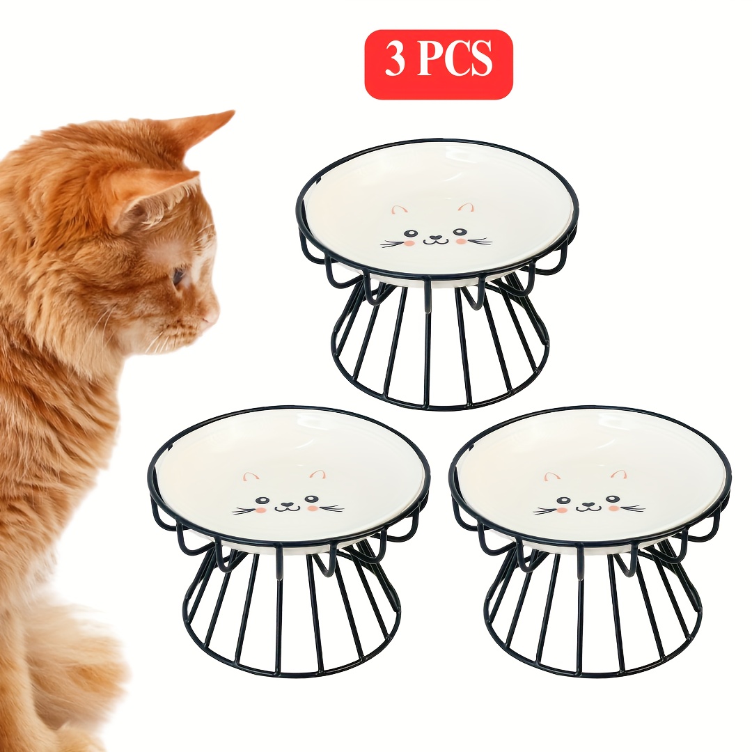TEMU 3-pack 5.9-inch Cute Cat Face Pattern Ceramic Elevated Cat Bowls, Cat Food Bowls With Non-slip Iron Stand, Cute Cat Dishes, Whisker Friendly,