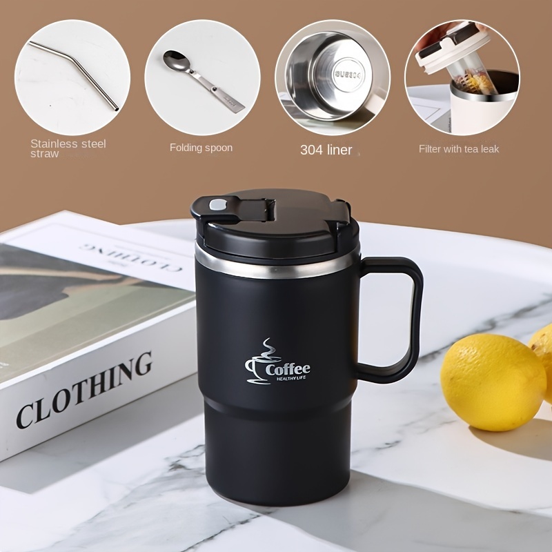 TEMU 1pc Insulated Stainless Mug With Handle, Built-in Tea Infuser, , Folding Spoon, Ideal For Office, Valentine's Day, Day, Christmas Gifts