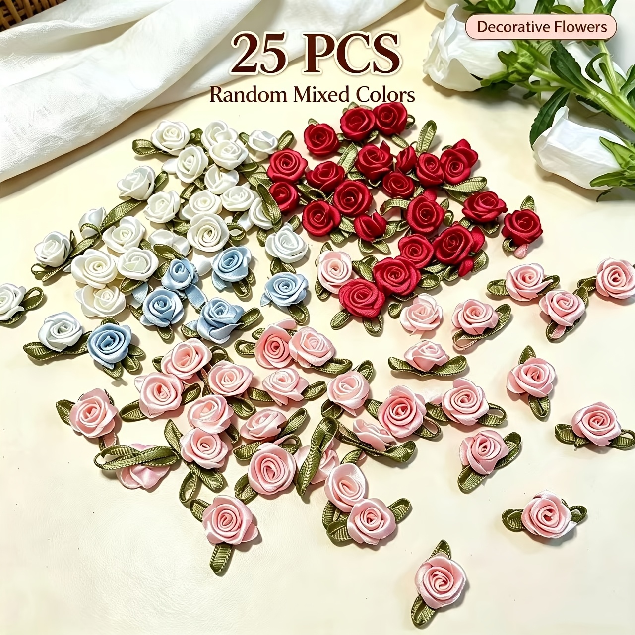 TEMU 25pcs Assorted Random Colors, Handmade Satin Ribbon Roses With Leaves, Suitable For Crafts, Hair Accessories, Headpieces, Clothing Decoration,