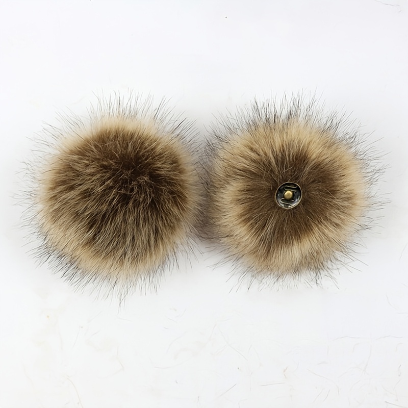 2pcs Faux Fur Pom Poms With Snap Buttons For Knit Hats - Soft Plush Balls For Diy Crafts & Sewing Supplies