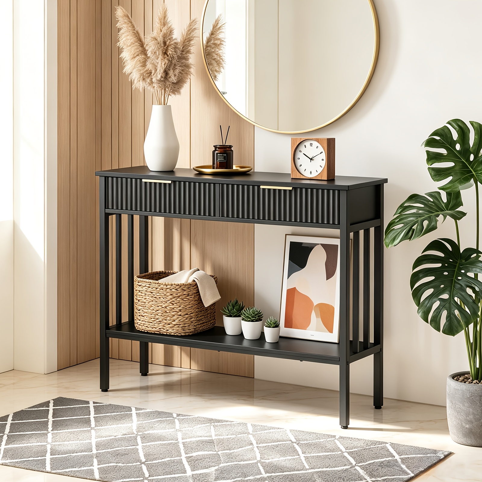 Narrow Console Table With Drawers And Storage Shelf, Hallway Table, Sofa Table, 2-tier Grooved Entryway Table For Entryway, Living Room, Hallway, Office, Black
