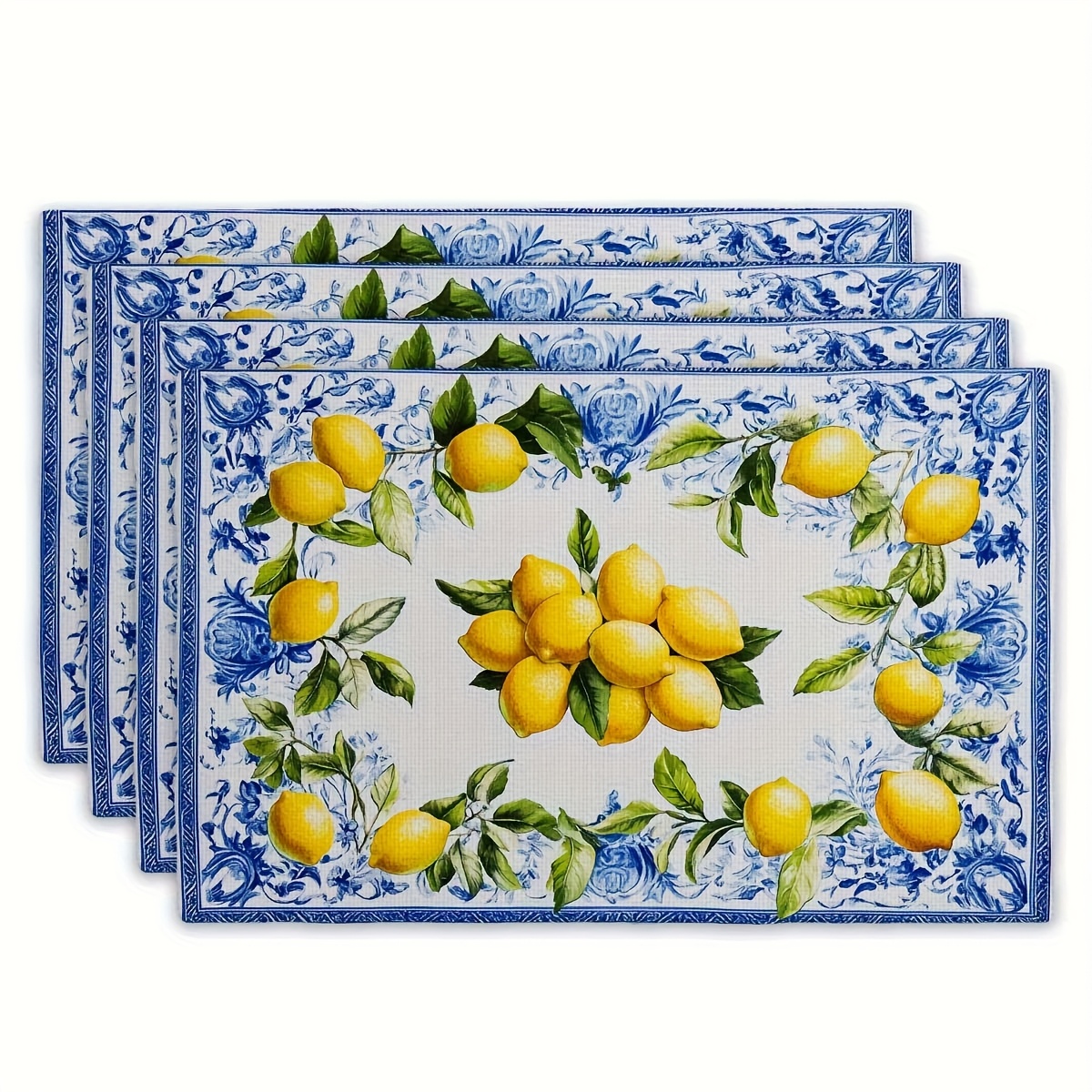 4pcs Pack Lemon & Floral Placemats Suitable For Dining Table - Lemon Flower, Durable Polyester Rectangular Placemats, Party Decor, Lemon-themed Table Setting