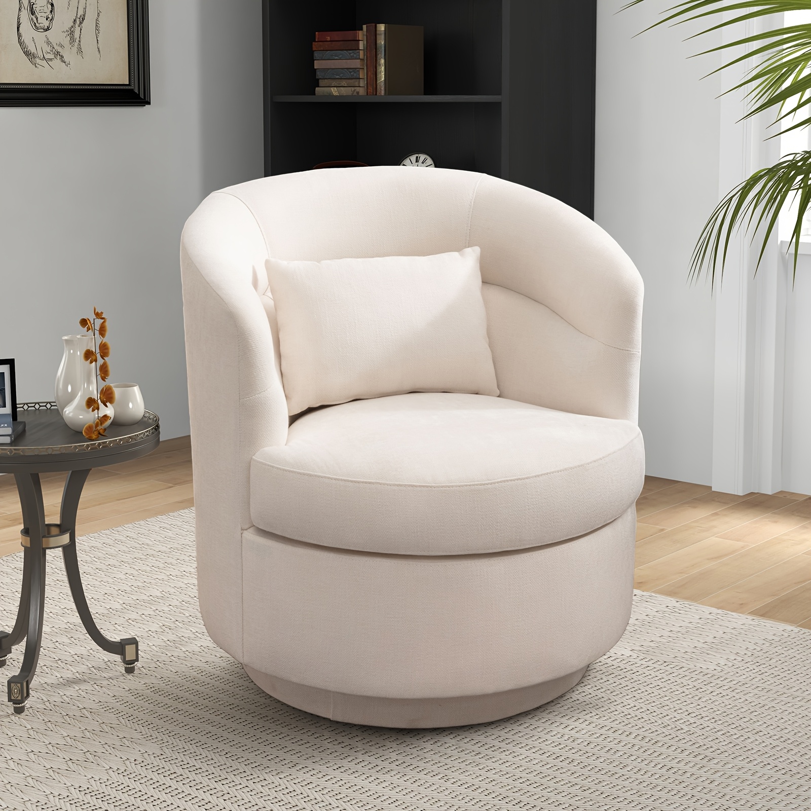 Beige Upholstered Swivel Chair with a Pillow, Perfect for Accenting Your Living Room, Bedroom, Or Reading Area