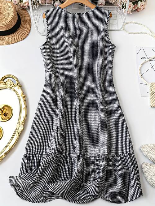 chic black and white womens sleeveless midi dress round neck ruffle hem suitable for spring summer