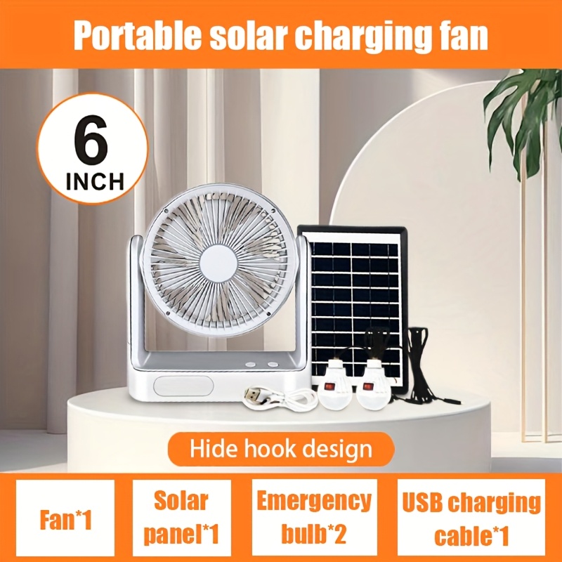 TEMU Portable Household Solar Charging Fan With 3 Adjustable Wind , Night Lighting Function, With A Solar Panel And 2 Bulbs, Of Charging Mobile