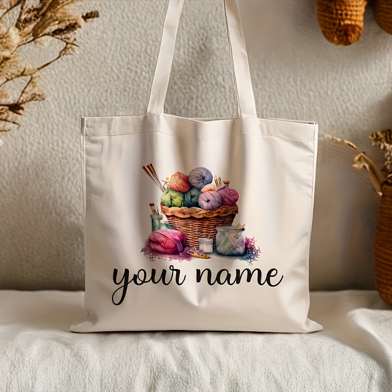 TEMU Personalized Crochet Handbag For Knitting Enthusiasts - Customizable Beige Woven & Shoulder Bag With Yarn Basket Design, For Women, Moms,