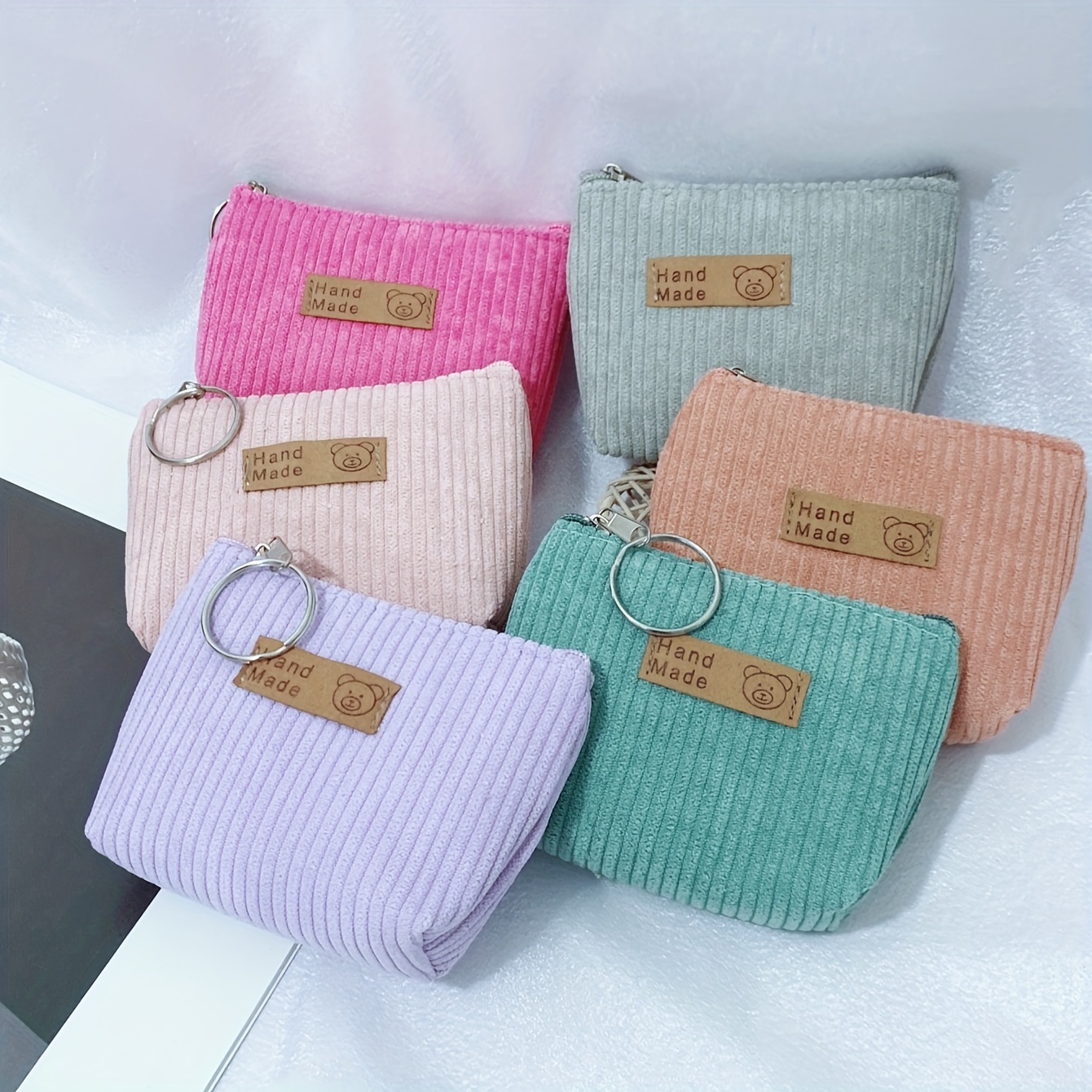 

2pcs Handmade Corduroy Coin Purses For Women - , Zipper Closure With Key Ring, Light Purple, Pink, Gray, Peach, , Soft Material, Everyday Use