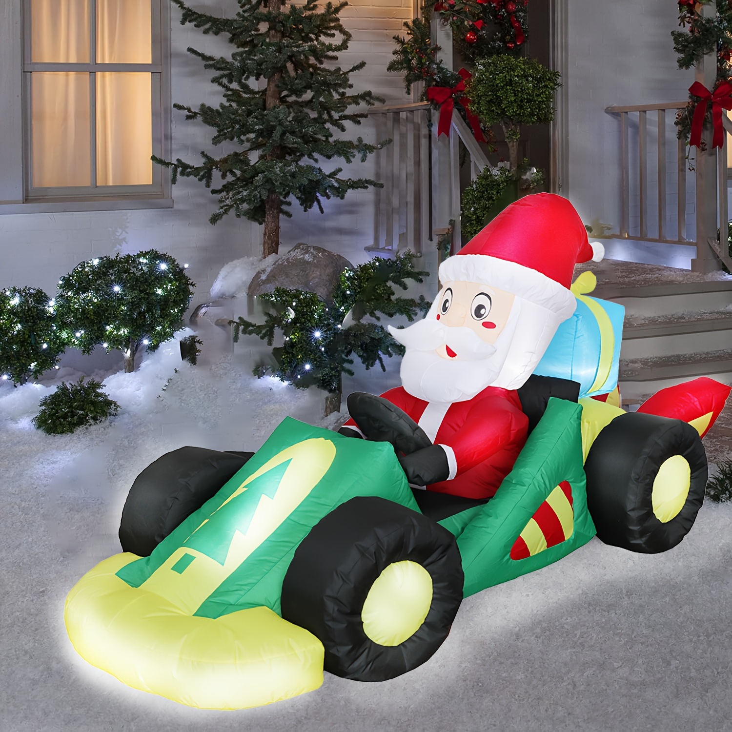 

1pc 7.87ft Christmas Inflatable Santa Claus Driving A Racecar With Gift Boxes, Outdoor Yard Decoration With Le Lights Display