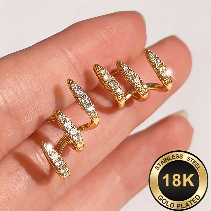 E-shop 1 Paar 18K vergoldenete Damen 3-Klauen gebogene Ohrringe, funkelndes luxuriöses Design, einzigartiger Stil, geeignet für tägliche Musikfestivals