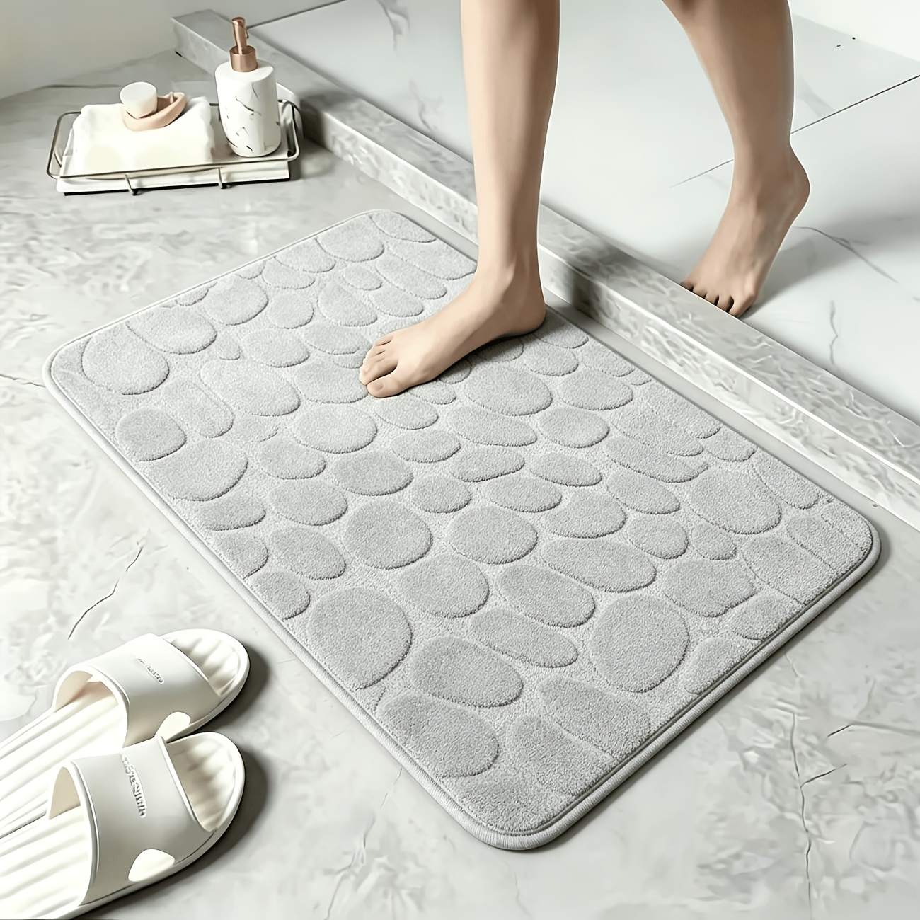 TEMU 1/2 Pieza de Alfombra de Baño de Espuma con Memoria Ultra , Antideslizante con Diseño de Guijarros - Secado Rápido, Resistente al Resbalado -
