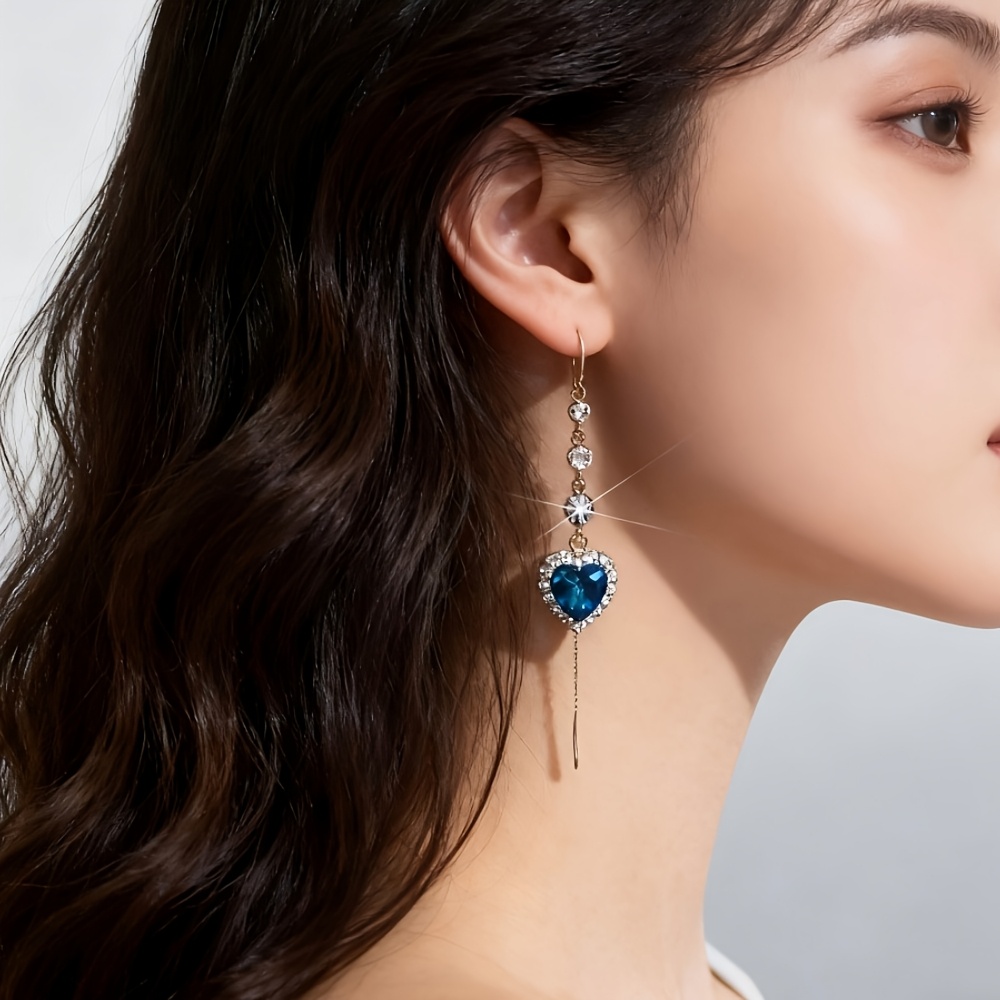 2pcs womens blue heart shaped dangle earrings with cascading tassels multi layered artificial crystal accents star charm royal blue gemstones for   year round wear artificial crystal earrings elegant accessory sparkling tassels heartshaped jewelry embellishments 6