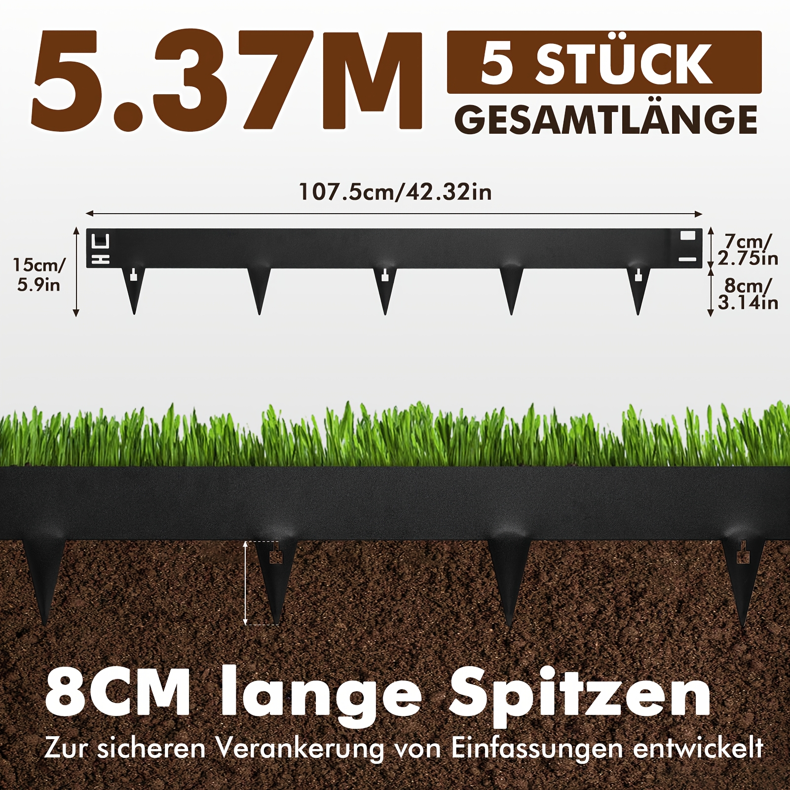 [3d] 5pack Heavy Duty Galvanized Steel Landscape Edging | Durable Metal Garden Edging For Flower Beds, Yards, , And Outdoor Landscaping, 5.37m