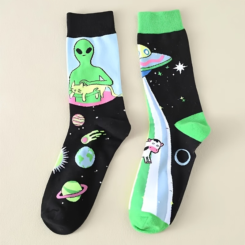 Pair Of Men's Ab Socks, Asymmetrical Fashion Novelty Fun Socks, Cartoon Mid-calf Socks