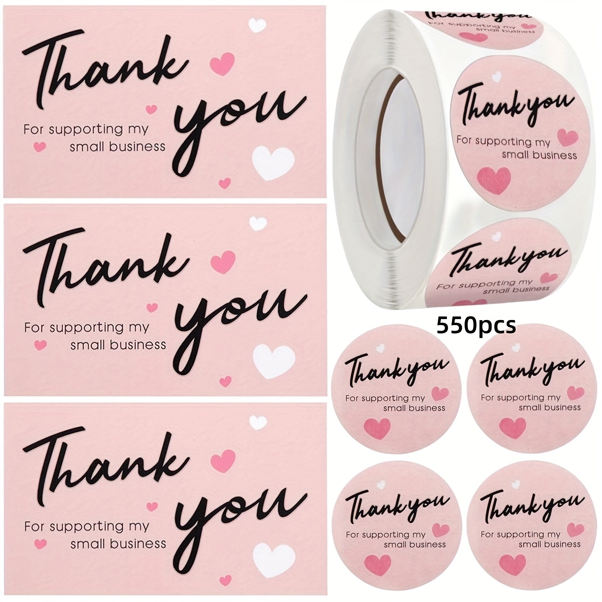 Image of Set Of 550 Thank You Cards And Stickers In Pink, Designed To Gratitude For Supporting My Small Business, Perfect For Retail Store Package Inserts And Envelope Seals