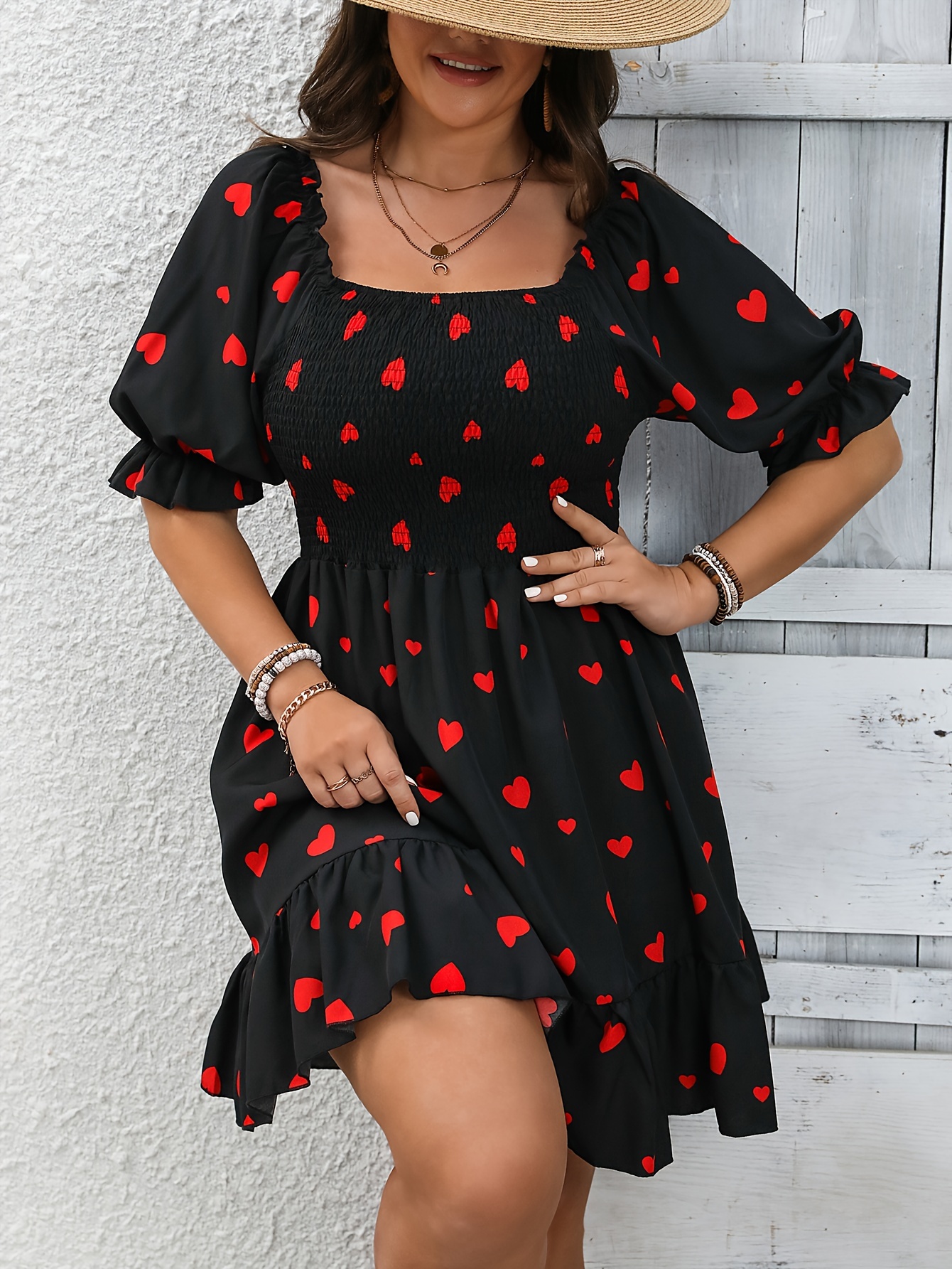 Plus Size Women'S Elegant Black Heart Neck Dress with Puff Sleeves and  Hem Summer Short Length, Non-Stretch Fab