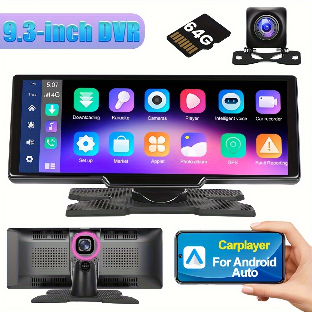 

Autoradio sans fil 9.3 pouces pour Android Auto, avec DVR intégré, moniteur tactile HD IPS, enregistreur double objectif, image de recul, sortie AUX, commande vocale FM