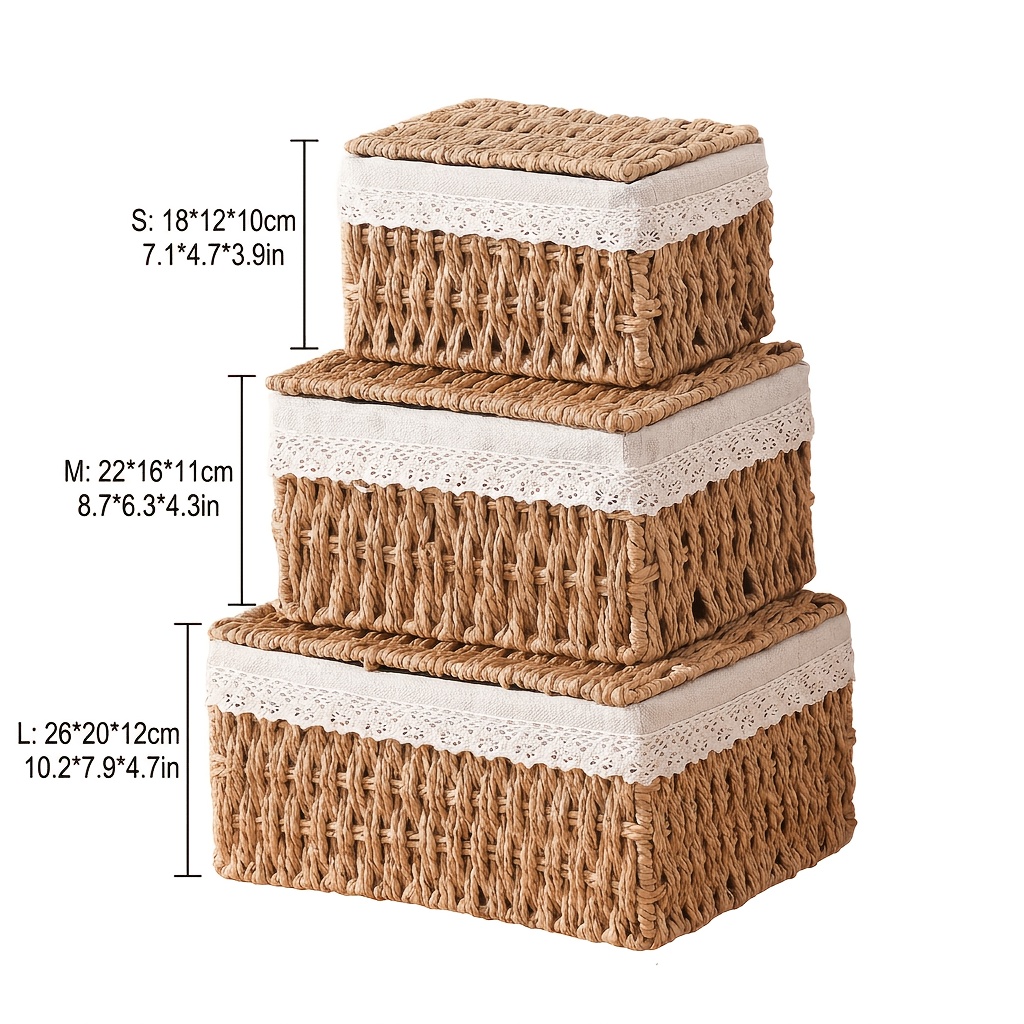 TEMU 3pcs Storage Baskets With Lids, Paper Rope Braided Decorative Storage Boxes With Lace Lining, Shelf Baskets, Rustic Farmhouse Organizers For