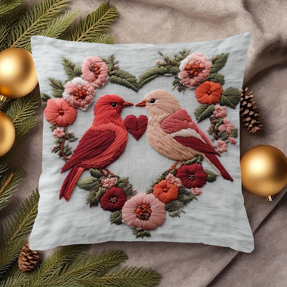 

1pc 's Day Throw Pillow Cover, 18x18 Inch, Double-sided Printing, 100% Polyester With Zip Closure - Ideal For Sofa & Bed Decor Featuring Heart-holding Birds & Floral Wreath Design