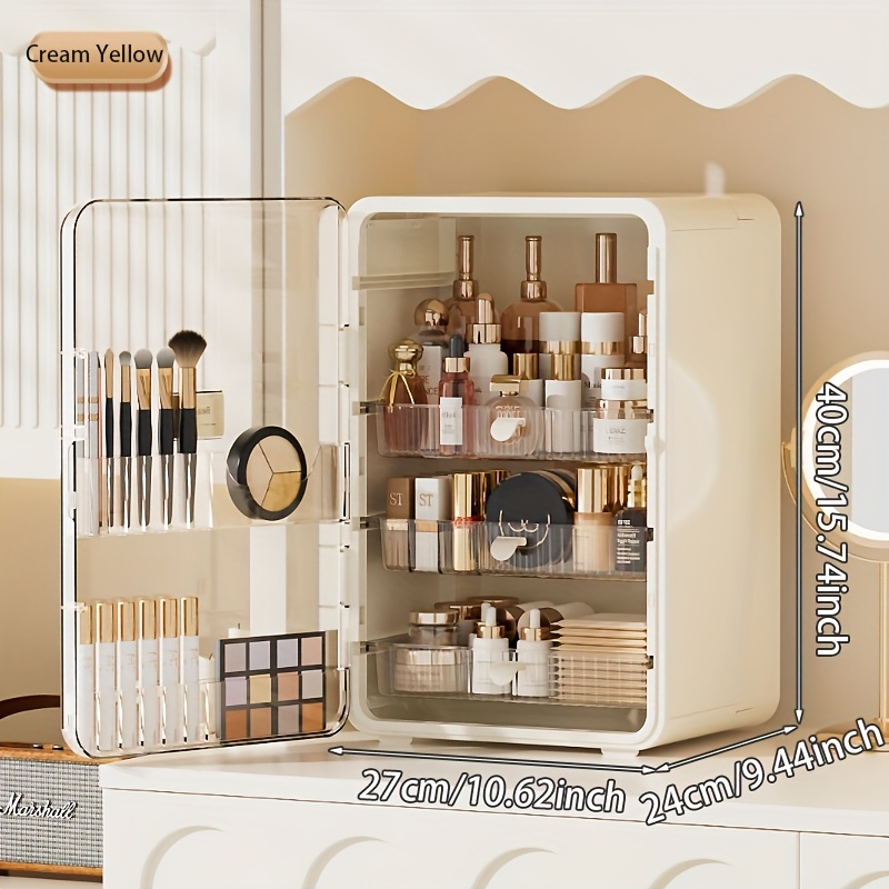 contemporary multi purpose desktop storage cabinet with built in drawers categorized compartments large capacity organizer for jewelry cosmetics makeup brushes lipsticks bottles durable plastic with magnetic closure perfect gift for valentines day mothers day graduation cosmetic holder   transparent side door sturdy construction home organizers Product details 1