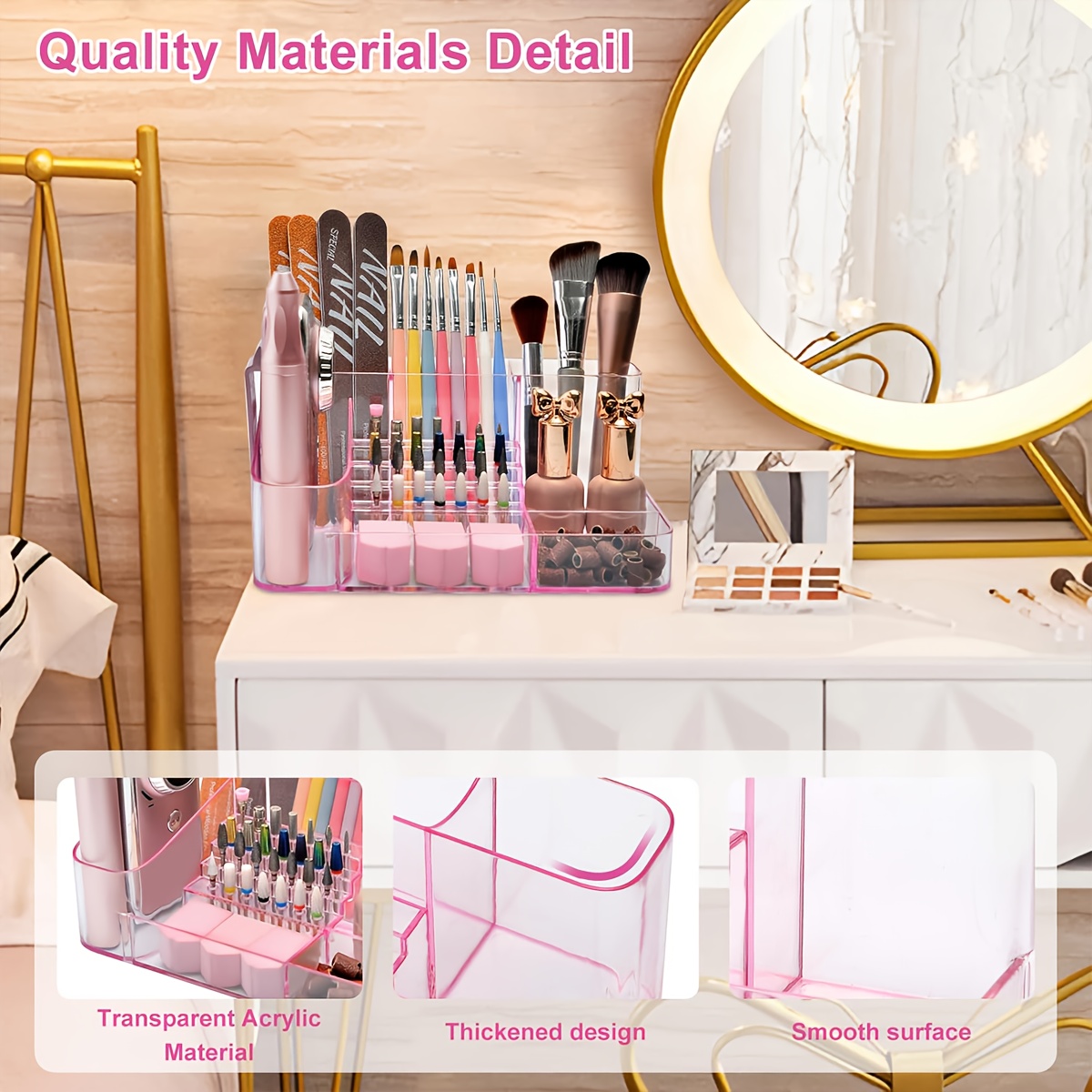   28 capacity professional manicure pedicure organizer with 3 compartments transparent drawers fixed compartments durable plastic bathroom storage box for nail art supplies makeup brushes beauty tools nail tech accessories   polished   Product details 3