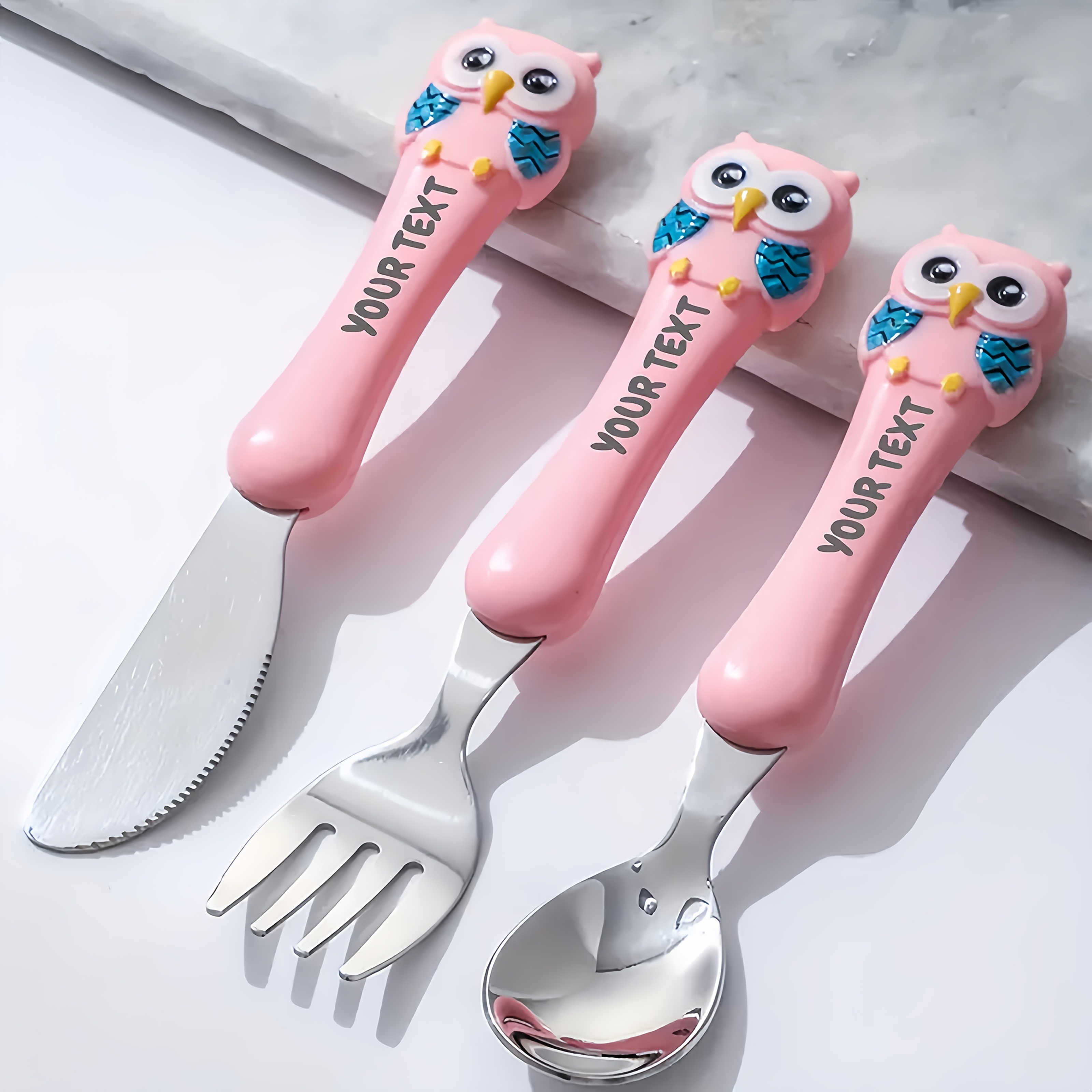 TEMU Customized Carved Stainless Steel Cutlery Set -3pcs Set With Silicone Handle, Cute - Portable Knife, Fork, Spoon With Box, Reusable Cutlery, Family Dining, School Cafeteria Lunch Item