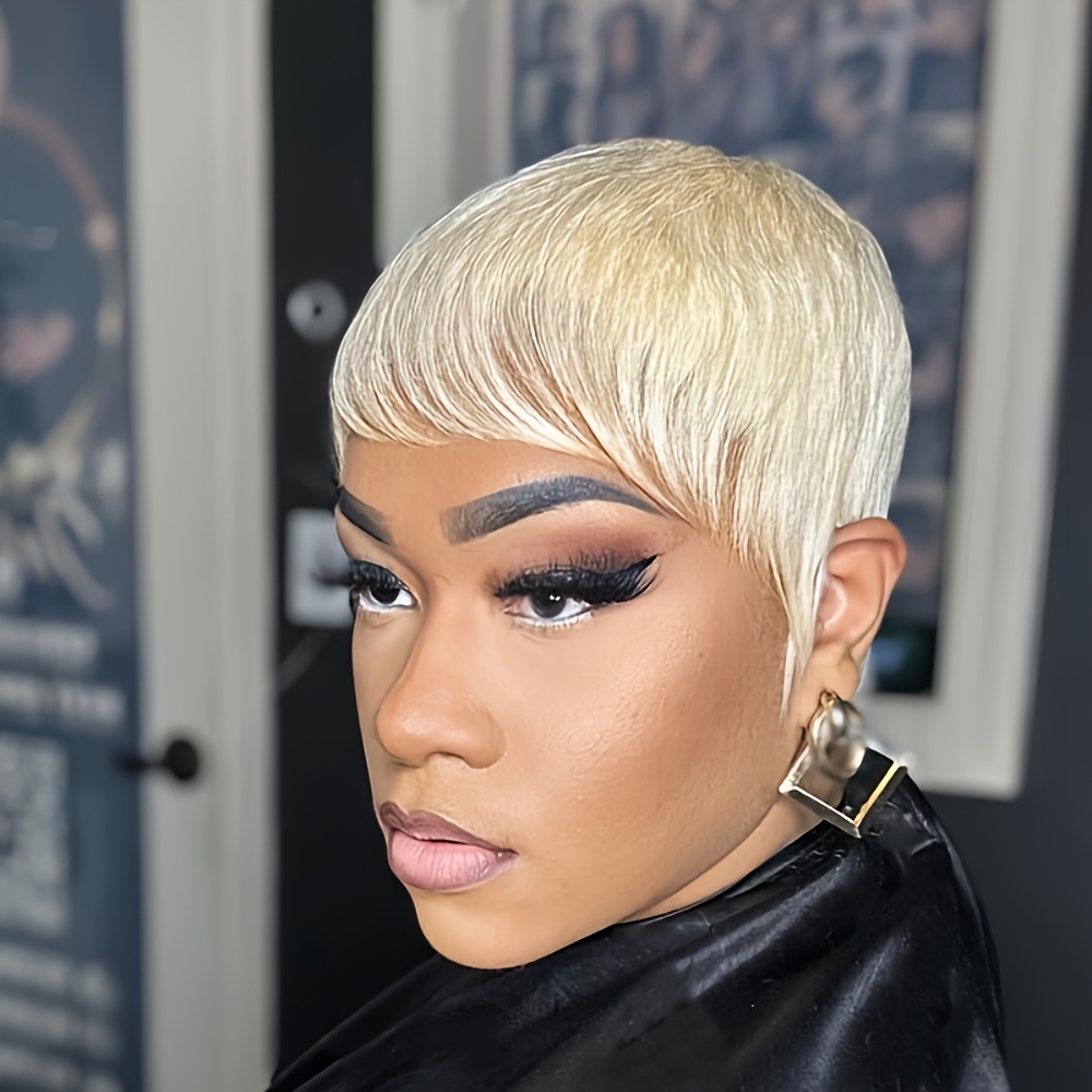 TEMU Elegant Cut Wig For Women - 6 Inch Short Straight Human Hair, Full Machine Made, 150% Density, Blonde Ombre Style, Versatile For All , Soft Hair,