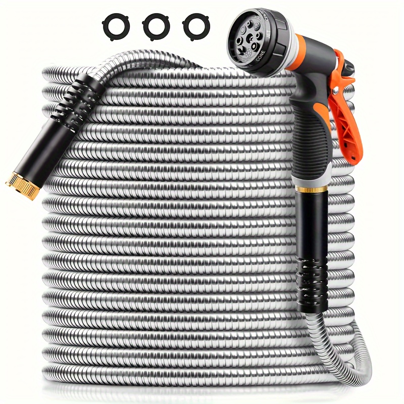 

100ft Stainless Steel Garden Hose - , Leak-proof, Flexible, Kink & , Heavy Duty Metal Water Hose With Nozzle And 3/4" Fittings For Yard - Watering, Washing, And Outdoor Activities