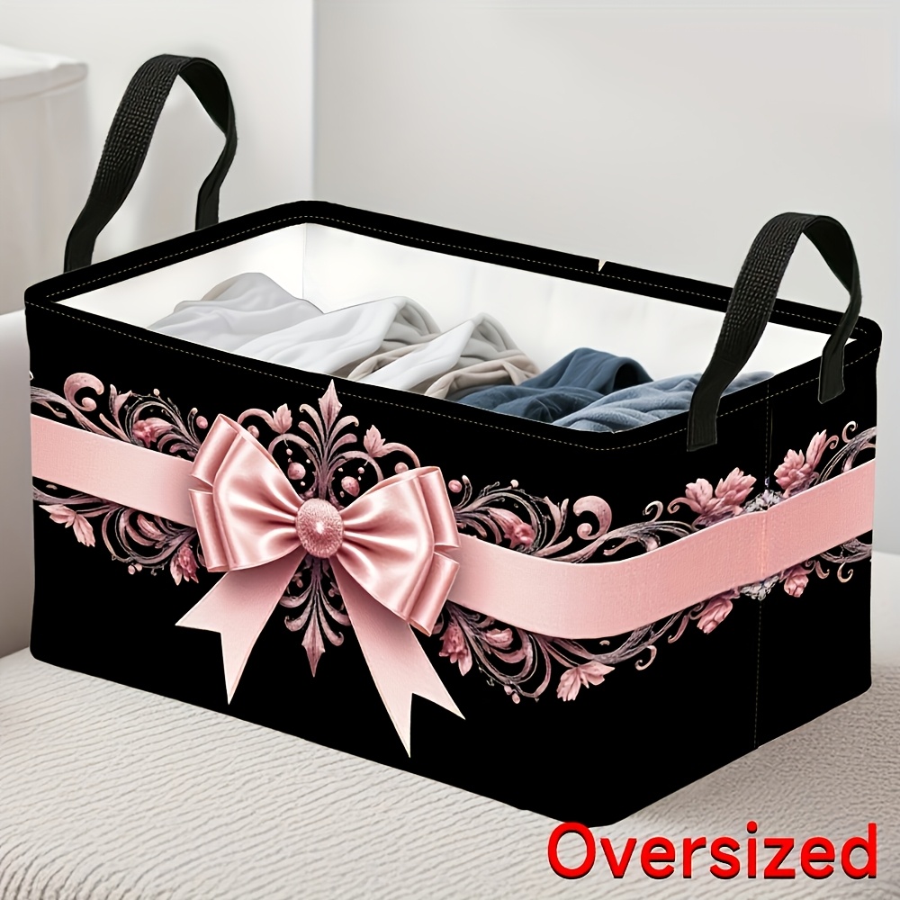TEMU Jit1pc, Pink Lace Bow Pearl Elegant Print Foldable Square Hamper, Heavy Duty Oxford Fabric With Metal Frame, Foldable Laundry Hamper For Office