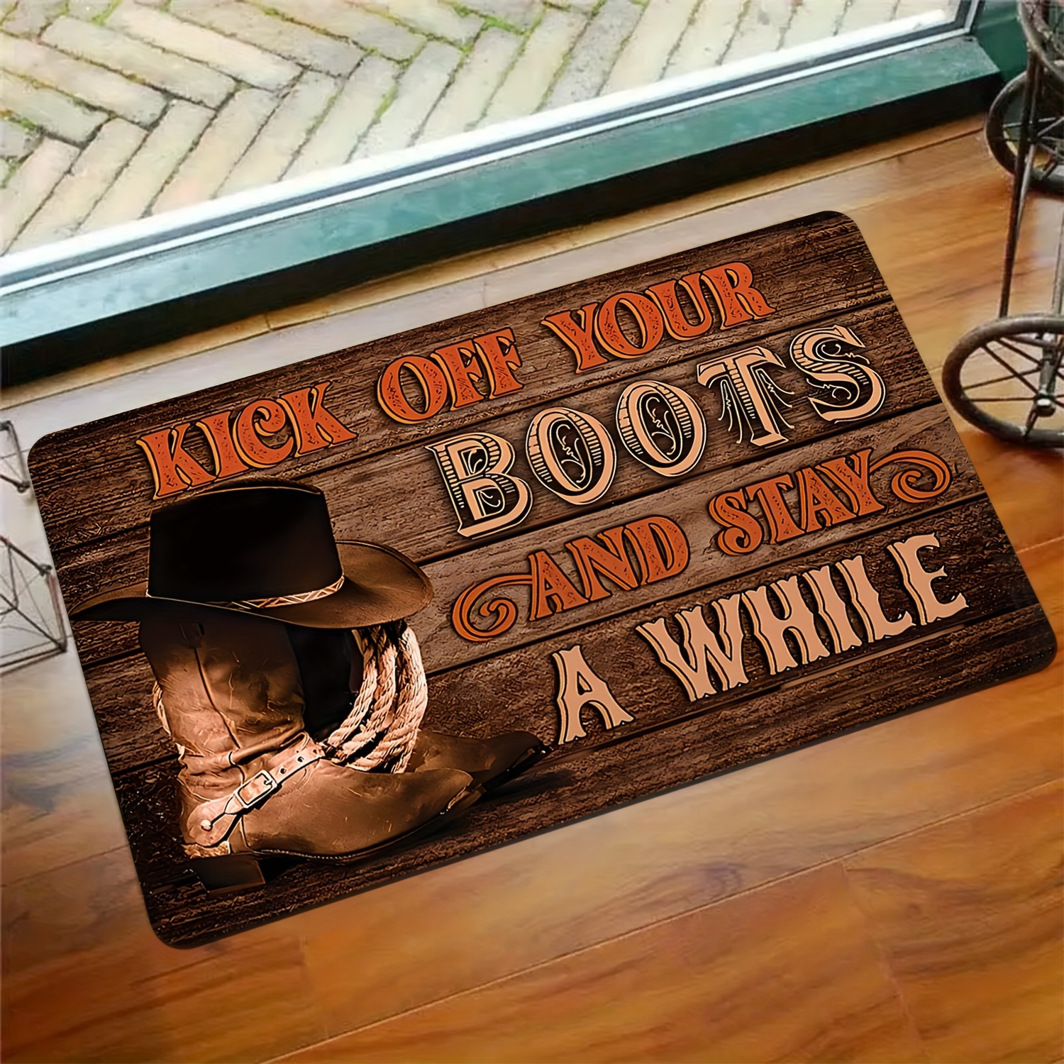 

Western Cowboy Welcome Doormat - Your Boots Themed Polyester Mat, Non-slip, Machine Washable, Lightweight - Multiple Sizes - Home Decor Gift