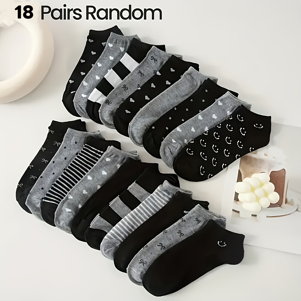 TEMU 18 Pairs Of Shallow Mouth Random Style Short Socks, Trendy Flowers, Fashionable Stripes, Heart-shaped Dot Pattern, Casual Sports Socks, Simple