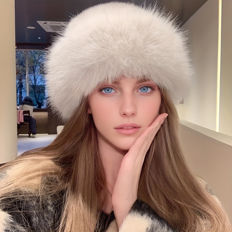 

Faux Fur Women's Cossack Hat, Solid Color Thickened Warm Basin Hat Lightweight Elastic Winter Hat