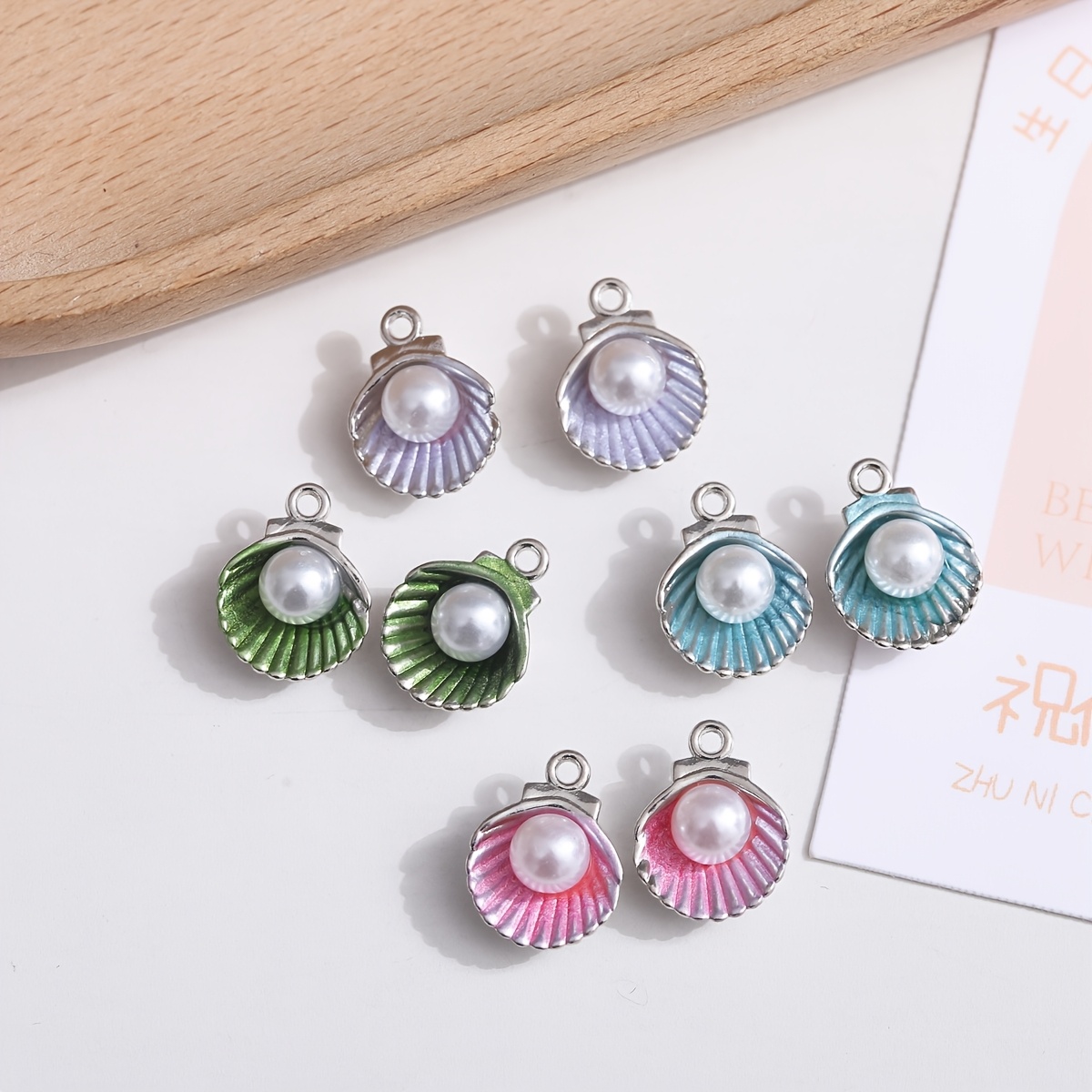

10pcs Mixed Color Enamel Shell Charms With Pearl, Zinc Alloy Pendants For Bracelets, Necklaces, And Earrings Crafting