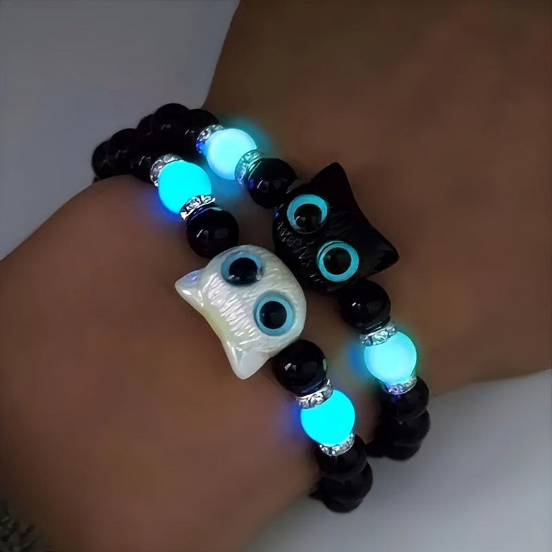 TEMU Vintage Cute Glow-in-the-dark Cat Beaded Bracelets: Perfect For Halloween Or Christmas Gifts, Adjustable Jewelry With Glass And Accents