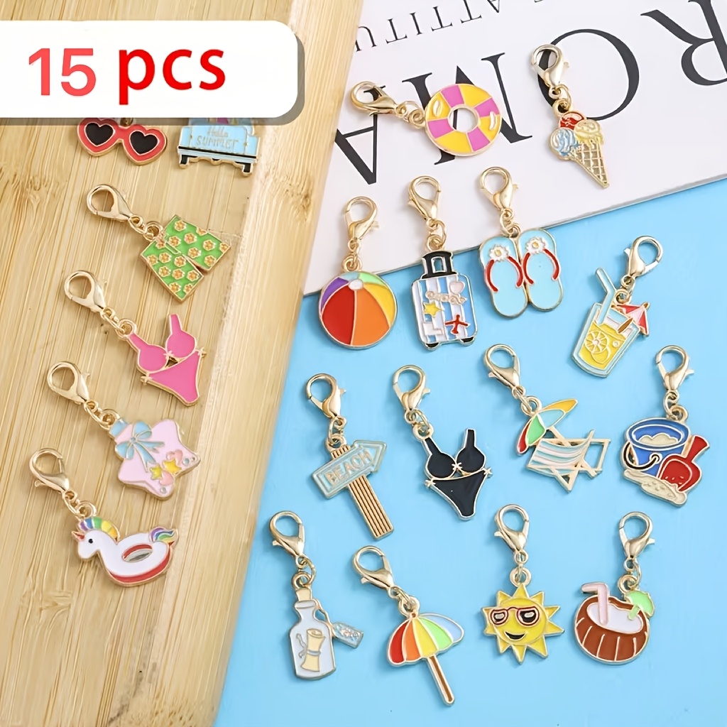 TEMU 15pcs Of Random Style Summer Beach Series Alloy With Lobster Clasp Suitable For Crafts Making Keychains, Key Chain Additions, Are For Gifts