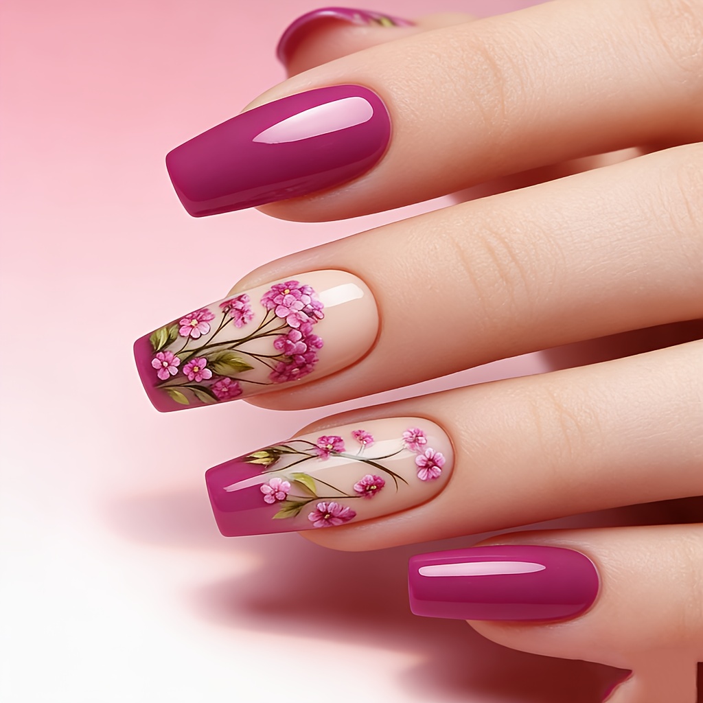 TEMU Purple, Floral Pattern, Glossy, Long, Ballet-style, 24pcs Nail Tips, Detachable, Press-on Nails, Artificial Nails, Nail Stickers, Gel Type,