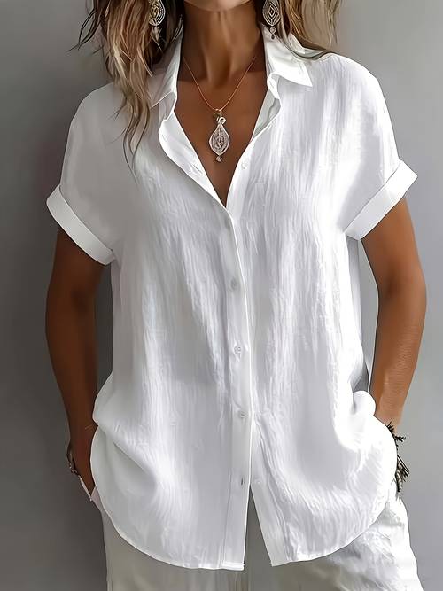 item picture womens relaxed micro wrinkle textured lapel short sleeve shirt loose open front single breasted drop shoulder fit casual rolled hem short sleeve v neck breathable dry textured fabric