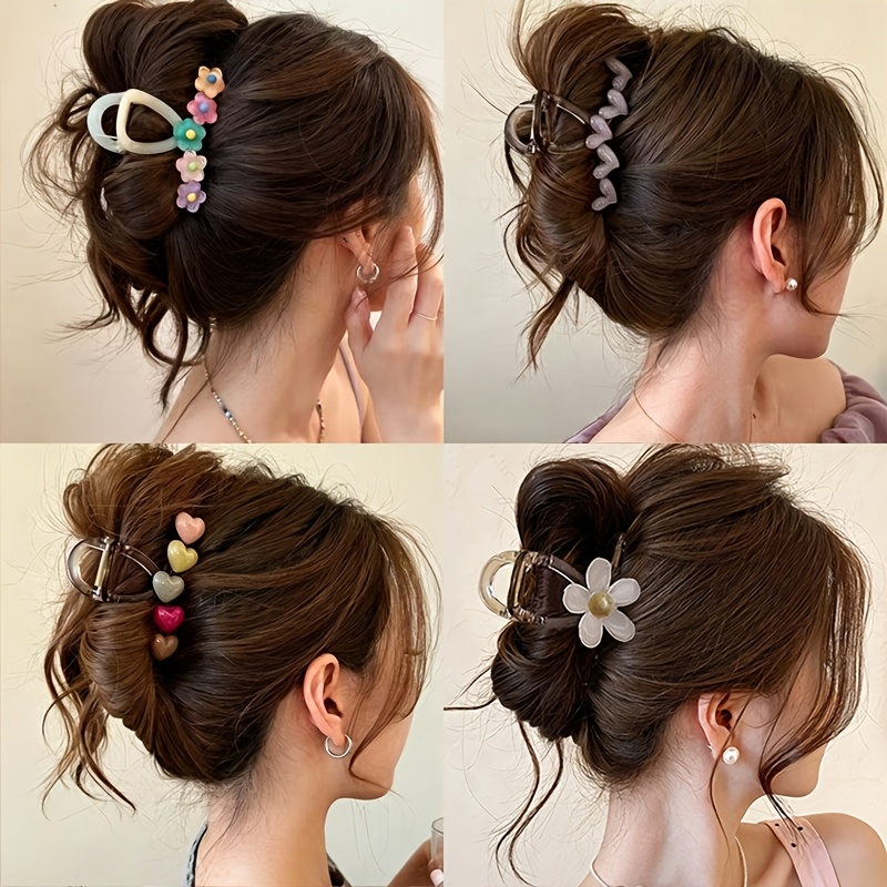 TEMU Ensemble de 4 pinces à cheveux élégantes et fraîches pour l'été, 8 cm, style floral multicolore moyen, petit cœur violet, style et style cœur