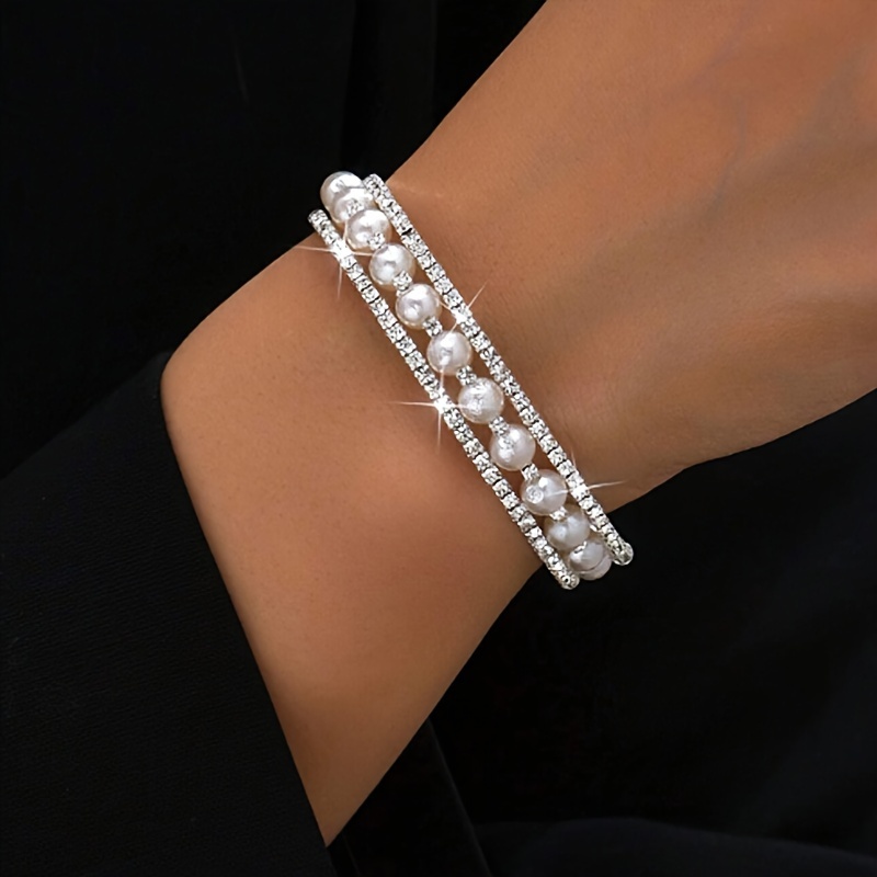 

1pc Micro Pave Crystal Bangle Pearl Bangle Wedding Bracelet For Bride