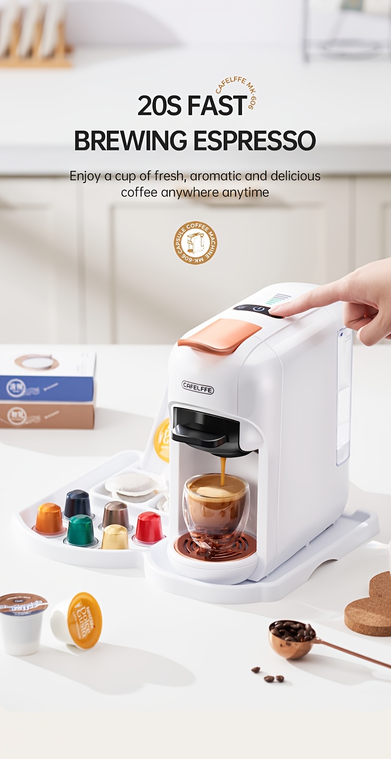 MK606 Cafelffe 5‑in‑1 Kapsel-Kaffeemaschine, 19 Bar Espresso Maker, kompatibel mit Nescafé, DG, K‑Cup & Kaffeepulver